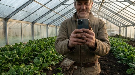 Farmer taking a photo of his crop in a greenhouse with a smartphone