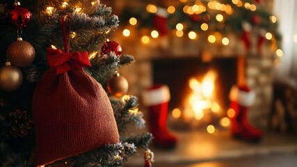 Festive Christmas tree adorned with shimmering lights and decorations is placed next to a crackling fireplace with cozy stockings, setting the scene for a delightful holiday celebration - Powered by Adobe