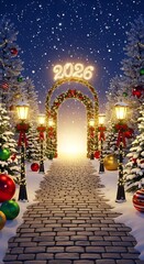 Christmas scene with a glowing archway leading to the year 2026