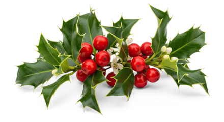 Christmas holly with red berries and green leaves against a png transparent.