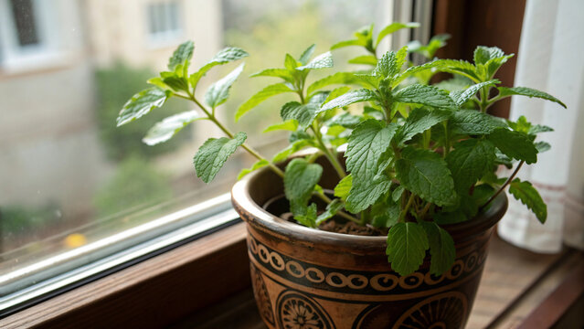 Lush Green Potted Mint Herb Plant on Window Sill - Powered by Adobe