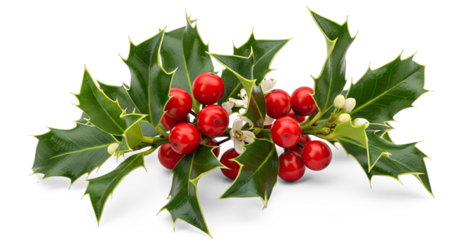 Christmas holly with red berries and green leaves against a png transparent.