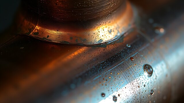 brazed. Close-up of a copper pipe joint with a shiny brazed seam and oxidation. safety posters, maintenance manuals, designed for industrial assembly lines and welding operations, used by engineers.