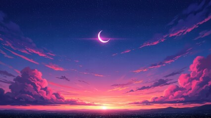 Ramadan crescent moon pink clouds illuminate the city below during the holy month.