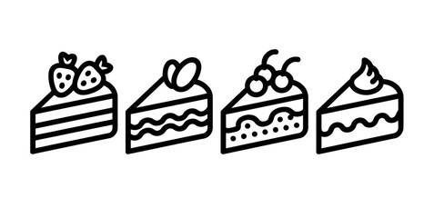 A line of four stylized slices of cake with different toppings, presented as simple line art icons.