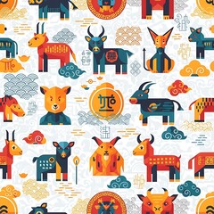 Colorful Seamless Pattern with Geometric Chinese Zodiac Oxen and Traditional Asian Motifs