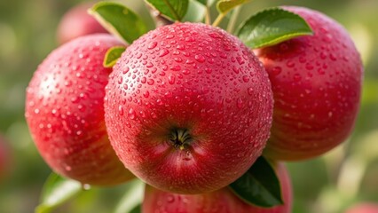Dew drops cling to ripe red apples on a tree branch