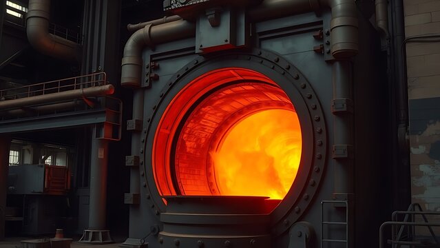 adios. Molten iron flowing from a steel furnace, glowing against dark industrial interior. safety posters, maintenance manuals, designed for precision metalworking and fabrication facilities.
