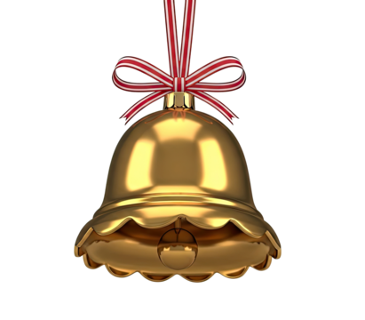 A golden bell with a red ribbon and a gold bow hanging from a png transparent. - Powered by Adobe