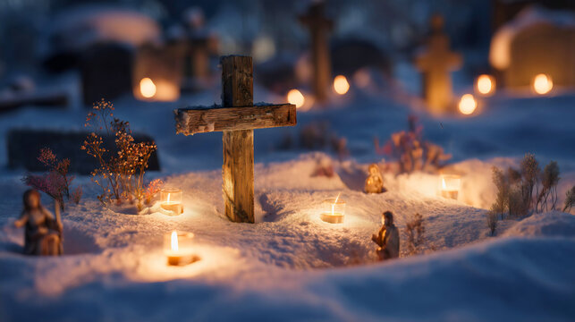 A wooden cross on a snowy grave with burning candles at sunset, a peaceful winter cemetery scene for All Saints Day, a memorial concept with warm light in the cold.