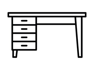 A simple black and white line drawing depicts a wooden desk with four drawers on the left side and three legs.