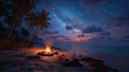 A tranquil scene of a bonfire on the beach at night under a starlit sky