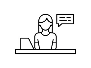 A simplified graphic illustration depicts a customer service representative or office worker at a desk with a laptop and a speech bubble indicating communication.