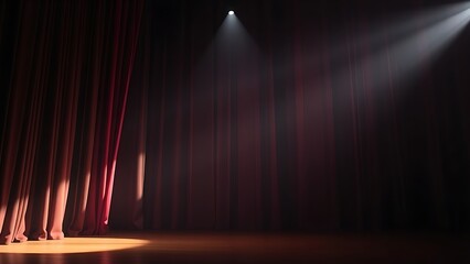 mortification. Theater curtain rises on an empty stage under a single dramatic spotlight. event programs, museum guides, designed for cultural heritage projects and event programs.