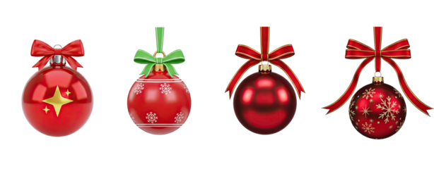 A collection of red and gold Christmas ornaments with bows and stars.