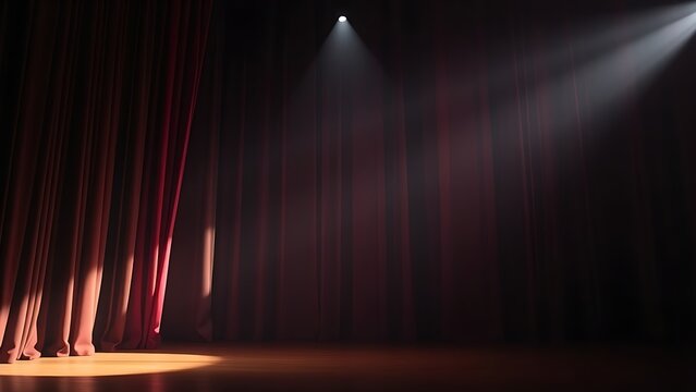 mortification. Theater curtain rises on an empty stage under a single dramatic spotlight. event programs, museum guides, designed for cultural heritage projects and event programs.