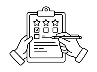 A hand is filling out a survey on a clipboard, marking a checkbox and rating with stars.