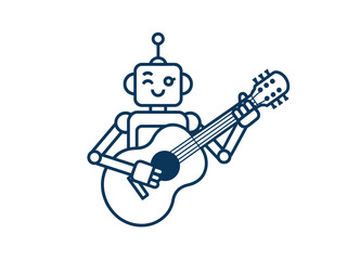 A charming robot character plays an acoustic guitar with a cheerful wink, symbolizing the intersection of technology and music.