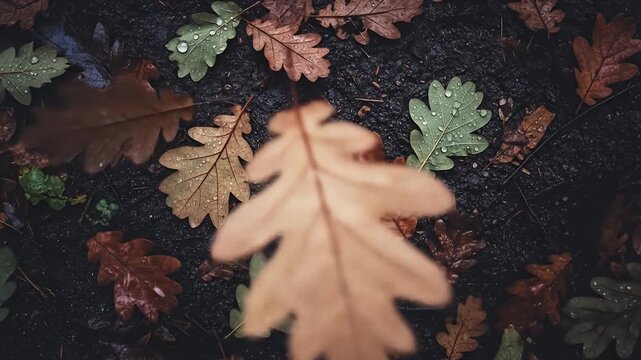 Autumn leaves falling on wet ground.
