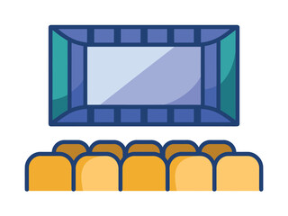 An empty cinema screen with rows of unoccupied seats suggests the anticipation of a film viewing experience.