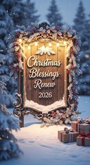 Christmas sign with festive decorations in snowy winter scene