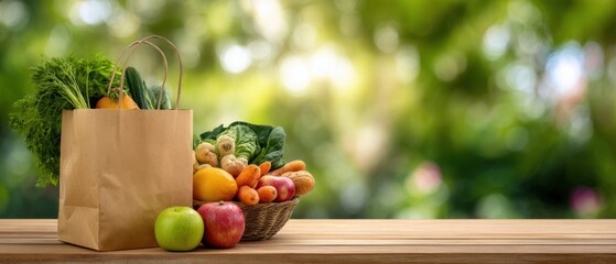 The Paper Bag of Fresh Produce and Apples on a Wooden Table Outdoors