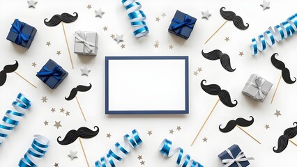 Festive fathers day celebration flat lay with gifts mustache props party blowers and confetti with blank card for message