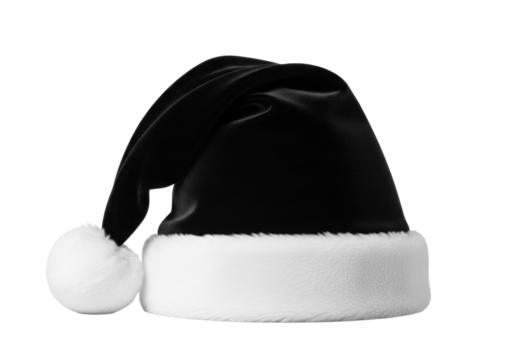 luxurious matte black velvet santa hat with thick white faux fur trim and pompom, hyper-realistic studio product photo on transparent background, concept for high-end holiday luxury advertising - Powered by Adobe
