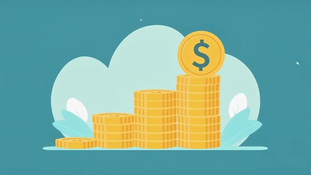 animation of coins stacking and growing, with each coin appearing. 4k, vector illustration of a financial crisis concept