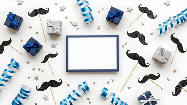 Festive fathers day celebration flat lay with gifts mustache props party blowers and confetti with blank card for message - Powered by Adobe