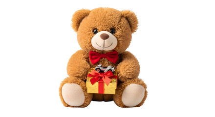 Obraz premium Adorable teddy bear holding a gift isolated on transparent background for various projects