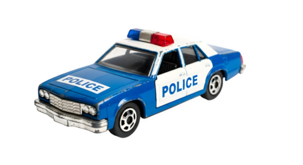 Toy police car miniature model blue and white isolated on transparent background