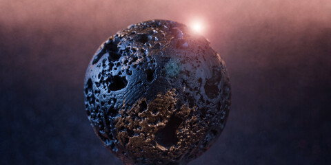 Mysterious dark planet or asteroid in deep space. Sci-fi concept of dangerous meteorite flight with crater texture and lens flare effect. Photo © slexp880