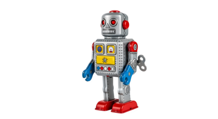 Vintage toy robot with wind up key silver and red isolated on transparent background