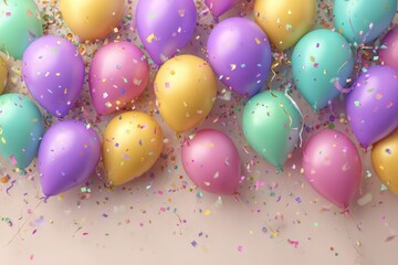 Pastel balloons and confetti on a light background create a festive scene. Ideal for birthdays, celebrations, or any joyous, lighthearted occasion.
