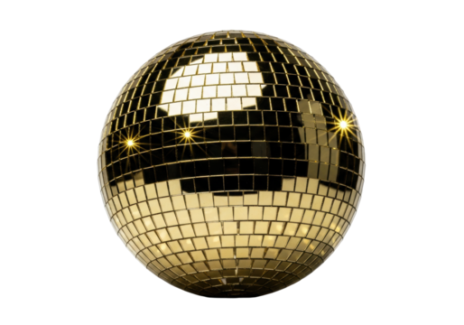 perfectly spherical 24k gold mirrored disco ball reflecting intense light caustics, isolated on a transparent studio background with dramatic rim lighting. concept of high-end luxury celebration