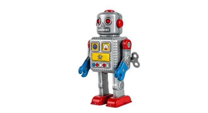 Vintage toy robot with wind up key silver and red isolated on transparent background
