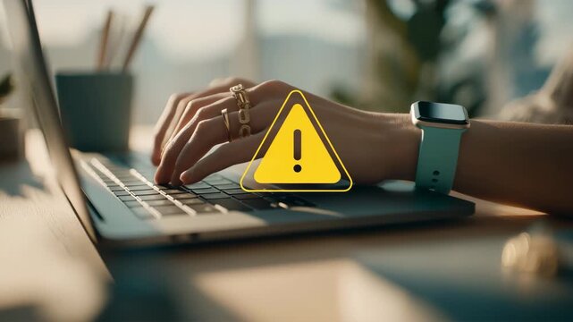 女性がノートPCを操作する手元と警告マークの構図