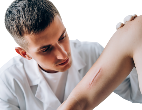 Doctor examining fresh scar on patients arm isolated on transparent background - Powered by Adobe
