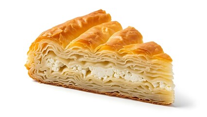 Golden brown flaky pastry filled with white cheese filling on white background food baked
