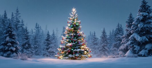 The Christmas Tree Illuminated in Snowy Forest at Twilight with Colorful Lights