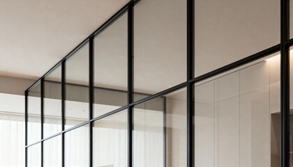 Medium shot of a minimalist glass wall with metallic frames highlighting the seamless blend of transparency and structure in contemporary room division.