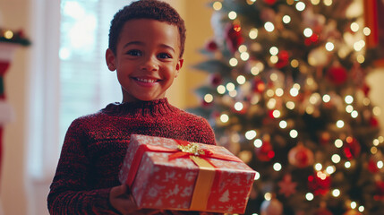 Happy young boy smiling and holding a christmas present in front of a beautifully decorated tree during the festive holiday season