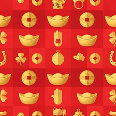 Golden prosperity and luck symbols pattern with ingots, coins, and Maneki-neko cat on red