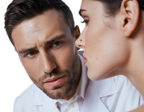 Doctor whispering secret to patient isolated on transparent background