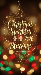 Christmas tree design with decorative text on festive blurred background