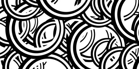 Seamless abstract textured pattern. Simple background black, white. Circles, rings, lines. Digital brush strokes.