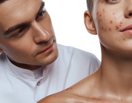 Dermatologist examining patients face with acne and skin problem isolated on transparent background