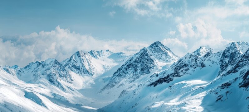 The mountains blanketed in pristine snow beneath a bright blue winter sky