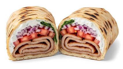Grilled Chicken Wrap Cut in Half Showing Layers of Meat Vegetables and Sauce sandwich